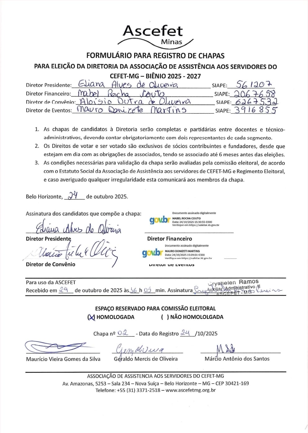 Formulário de Registro de Chapas – Biênio 25/27