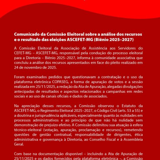 Comunicado da Comissão Eleitoral sobre recursos