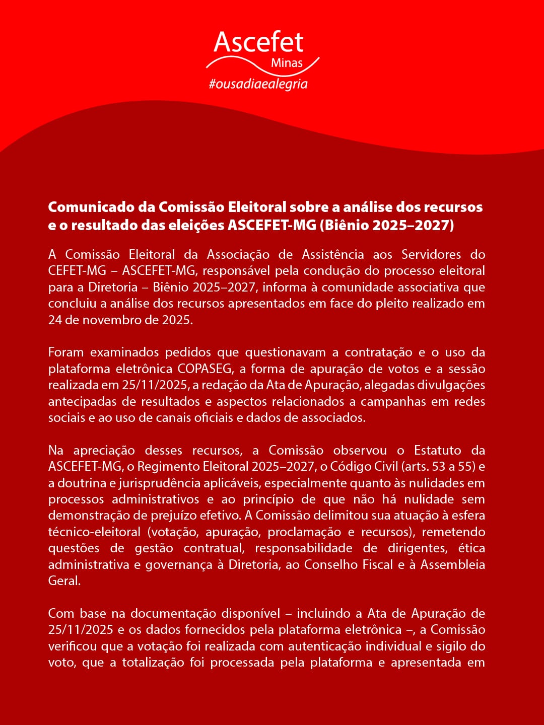 Comunicado da Comissão Eleitoral sobre recursos
